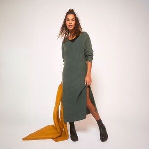 Free People FP BEACH Claudia Med Hooded Maxi Sweater Dress Green Slit Boho Chic